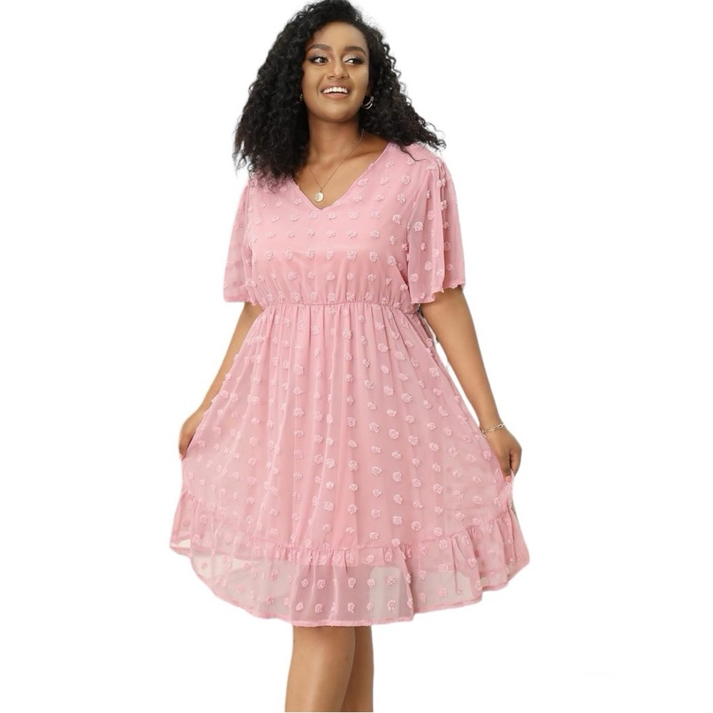 NWT Dress Chiffon Swiss Dot Midi V Neck Short Bell Sleeves Flowy Plus Si… - Picture 3 of 8